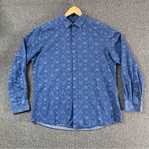 Bar III Button Down Shirt Blue Denim Floral Collared Clean Boy Business Men’s L